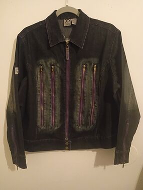 Platinum Edge Women's Black Denim Jacket with Purple Zippers Y2K Sz 14/16